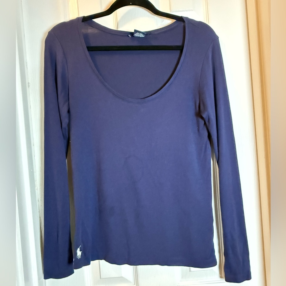 Ralph Lauren Sport Blue Label  Fitted Long Sleeve Scoop Neck Tee White Logo